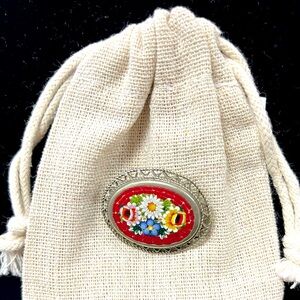 Vintage Micro Mosaic Brooch * Red Floral Tesserae